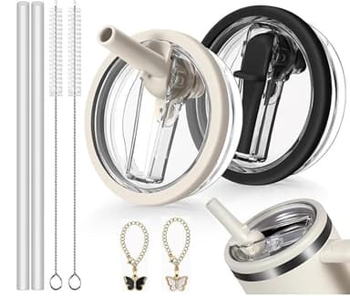 2 Stück für Stanley Cup Deckel Auslaufsicher, mit 2x Trinkhalmen und 1x Strohhalm Bürste, Wiederverwendbarer Ersatzdeckel, Kompatibel Mit Stanley Quencher H2.0 40oz Cup