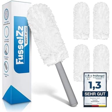 FusselZz® Staubwedel waschbar + 4 Ersatztücher – Premium Staubwischer & Spinnenwebenentferner mit Mikrofaser – Wiederverwendbarer Staubmagnet zur effektiven Reinigung - Jetzt mühelos staubfrei!