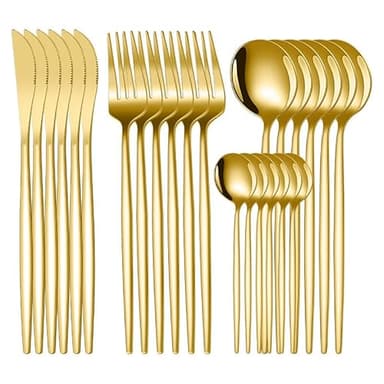 24teiliges Besteck-Set, Edelstahl-Besteck-Set, Tafelsilber-Set für 6 Personen mit Löffel-Messer-Gabel-Set, spülmaschinenfest/leicht zu reinigen/spiegelpoliert (Gold/700g/klein und kompakt)