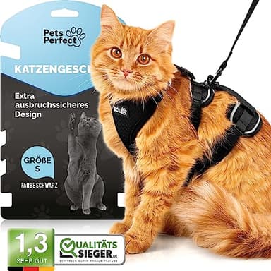 Pets Perfect Katzengeschirr - Extra ausbruchsicheres Katzengeschirr mit Leine - Katzenleine - Unser Katzen Geschirrset bringt Sicherheit in Ihre Spaziergänge (S)