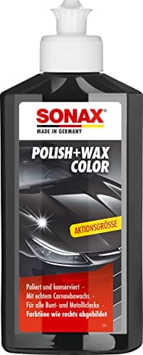 SONAX Polish+Wax Color schwarz (250 ml) Mittelstarke Politur für neuwertige und leicht matte Lacke mit Farbpigmenten und Wachsanteilen | Art-Nr. 02961410