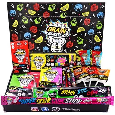 Brain Blasterz Sour Candy klein Geschenkbox, Brain Breakerz, Kauriegel, Lollipops, Sauerkergummi, Apfel, Erdbeere, Wassermelone, Cola, Zitrone, Orange, Halloween Süßigkeiten