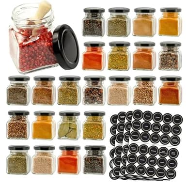 BEAUTIONA 24 Gewürzdosen Set mit Etiketten - Glas 150ml - Transparent mit schwarzen Deckeln - für Gewürze, Kräuter, Konserven