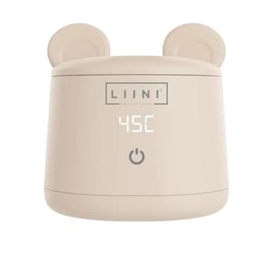 LIINI® BASIC Flaschenwärmer mit Akku, 45W, beige – 4 Stufen 37/40/45/50°C, Akku 9.000 mAh, unterwegs & zuhause, USB-C, Staubschutz im Bärenohren-Look, BPA-frei, CE/RoHS