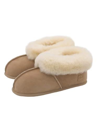 Rohn Moden Lammfell Hausschuh Chalet für Damen und Herren, Hüttenschuh mit weicher Ledersohle, warmer Hausstiefel für Erwachsene in Top Qualität, beige (Größe 39)
