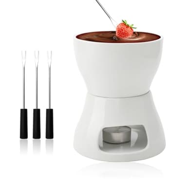 DAWRIS Keramik Fondueset Schokofondue Fondue Schokolade Schokoladenfondue, Keramikschale mit Teelichthalter und 4 Gabeln, Schoko Fondueset für Schokolade Käse Fondue Familienessen Nachtisch