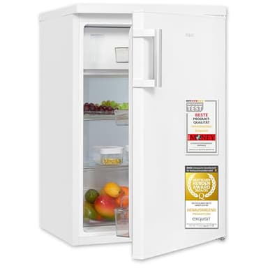 Exquisit Kühlschrank mit Gefrierfach, 120 Liter, 2 Ablagen, Gemüseschublade, 4-Sterne-Gefrierfach, Freistehend, Türanschlag wechselbar, EEK D, KS516-4-H-010D weiss