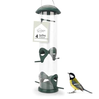 WILDLIFE HOME Körner Vogelfutterspender I 30cm mit 4 Anflugplätzen I Vogel Futterstation zum Aufhängen, Futtersäule, Körner Wildvögel Futtersilo