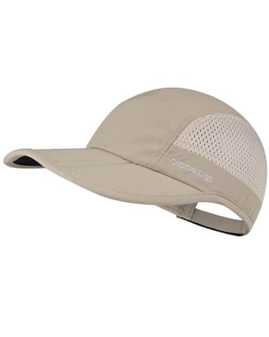 GADIEMKENSD Folding Running Men Hat Long Brim Golf Hats Quick Dry Baseball Caps Unstructured Breathable Light Cooling Cap Adjustable Trucker Hat for Outdoor Sport Hiking Workout Gym Travel Khaki