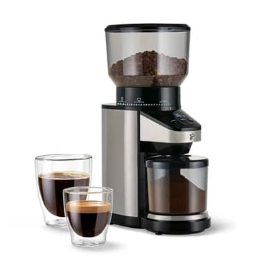 Tchibo elektrische Kaffeemühle, eingebaute Waage, Edelstahlmahlwerk, Kegelmahlwerk 26 Mahlgradeinstellungen, Schwarz/Silber