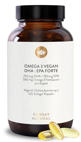 SUNDAY NATURAL® Omega 3 Vegan Forte - 120 Softgel Kapseln - 2.000 mg Algenöl pro Tagesdosis: 700 mg DHA + 360 mg EPA - Omega 3 Kapseln hochdosiert - Laborgeprüft