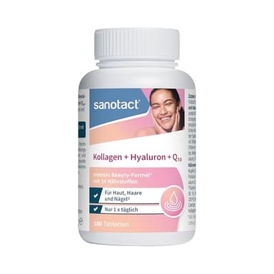 sanotact Kollagen + Hyaluron + Q10 Kapseln, Beauty-Formel mit 14 Nährstoffen für Haut, Haare und Nägel, 180 Tabletten (6 Monate Vorrat)