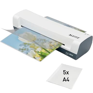 Leitz iLAM Home A4 Laminiergerät, Für 75 bis 125 mic Laminierfolien, 3 Minuten Aufwärmzeit, Inkl. Starterkit mit 5 Folien, Ideal für den Einsatz Zuhause, Home Office & Schule, Weiß, 74310001