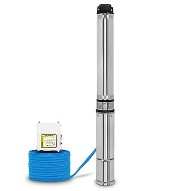 EBERTH 4" Tiefbrunnenpumpe Brunnenpumpe aus rostfreiem Edelstahl, Elektrisch 750W, Durchmesser Pumpe 4 Zoll (10cm), Anschlussgewinde 1 1/2 Zoll, Stromkabel 20m, Förderhöhe max. 56m, mit Schmutzsieb