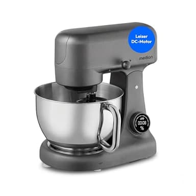 MEDION Küchenmaschine (Fleischwolf, 4,6 Liter Edelstahlschüssel, leiser Gleichstrommotor, 800 Watt, Reiben Raspeln Schneiden, Digitales Sensor Touch Display, Knetmaschine, Teigmaschine, MD12600) titan