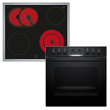 Bosch HND611LS62 Einbauherd-Set, Bestehend aus HEG517BB3 Herd, 60 x 60 cm, Made in Germany, 3D Heißluft, Hydrolyse, LED Display & NKN645GA2E Elektro-Kochfeld, Bräterzone, Restwärme, Edelstahlrahmen