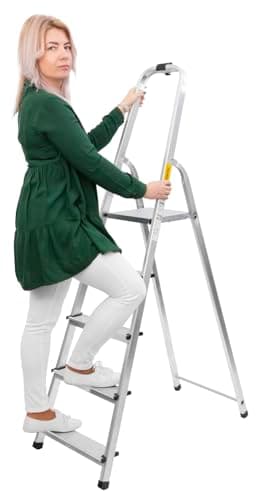 STREND PRO Trittleiter 5 Stufen Klappbar | max.125kg | Haushaltsleiter 5 Stufen | Stehleiter Alu für Arbeiten in Küche/Haushalt/Garage/Renovierung | Leiter 1,68m/2,97m | Aluleiter