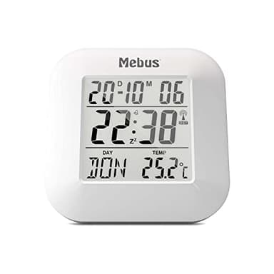 Mebus digitaler Funk-Wecker mit Thermometer, Datumsanzeige und Beleuchtung, Snooze-Funtion, Material: Kunststoff, Farbe: Weiß, Modell: 51511