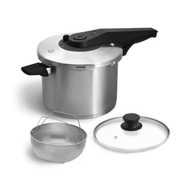 Springlane Schnellkochtopf Edelstahl 6L Induktion | Dampfkochtopf Set inkl. Dampfgarer & Glasdeckel | 5-fach Sicherheitssystem | 2 Kochstufen zum schnellen, vitaminschonenden Garen