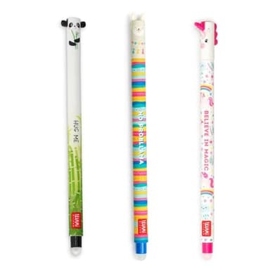 LEGAMI - 3er Set Gel-Radierstifte, Adorable, Stifte mit radierbarer Tinte, Einhorn, Panda und Lama Radierbar ohne Blatt zu verbrauchen, 0,7 mm Spitze