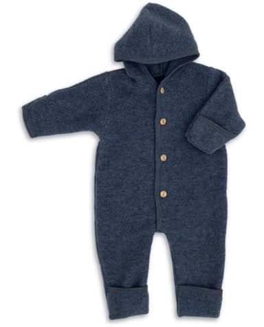 Engel Overall mit Kapuze, 100% Schurwolle Fleece, Natur, Gr. 50/56-86/92, 4 Farben (62/68, Blau Melange)