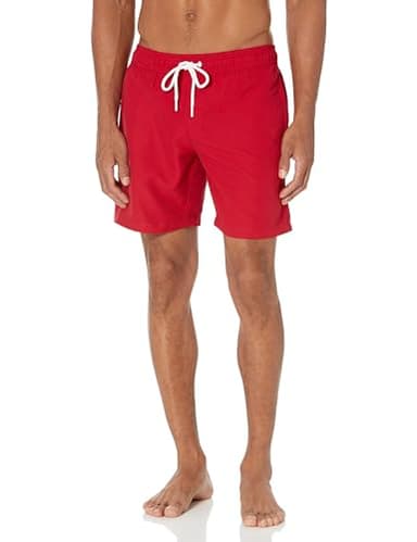 Amazon Essentials Herren Badehose mit Netzfutter, Taschen und Kordelzugverschluss, Rot, L