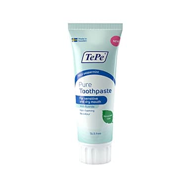 TePe Pure Zahnpasta, milde Pfefferminze, sehr milde Fluorid-Zahnpasta für den täglichen Gebrauch, speziell für empfindliches Zahnfleisch und Mundtrockenheit, mit altersbedingtem Fluoridgehalt.