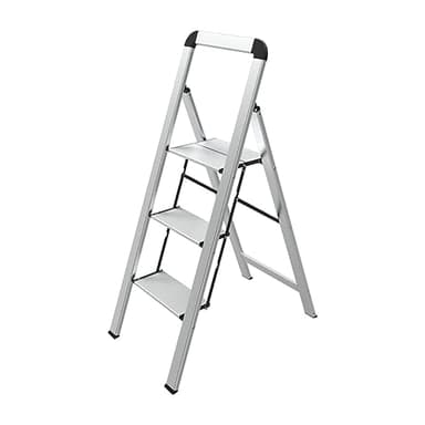 Mephisto Leiter Trittleiter Klappleiter Stufenleiter Haushaltsleiter flach aus Aluminium inkl. Anti Rutsch Trittflächen mit 3 Stufen mit Griff bis 150 kg Tragkraft