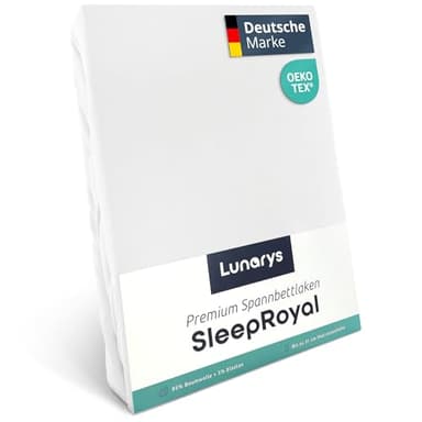 Lunarys® SleepRoyal Luxus Spannbettlaken 200x220 cm - Weiß - 250 g/m² Premium Bettlaken - 40 cm Steghöhe - für hohe Matratzen, Boxspringbett & Matratze + Topper & Wasserbett - Stretch Jersey