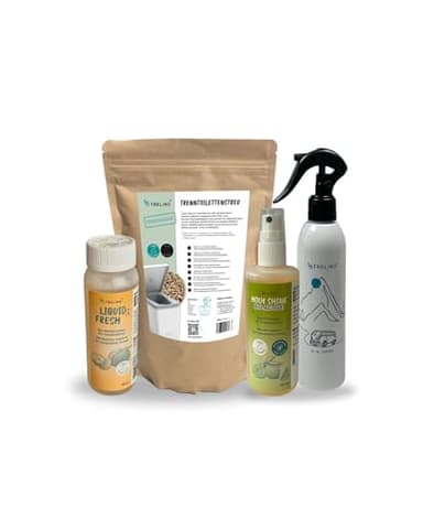 TRELINO Probier-Set Mini, Trenntoiletten Zubehör Starterset in Probiergröße mit Streu für Trenntoiletten, Liquid Fresh Sanitärzusatz, Holy Shine Bio Active Enzymreiniger und Sprühflasche