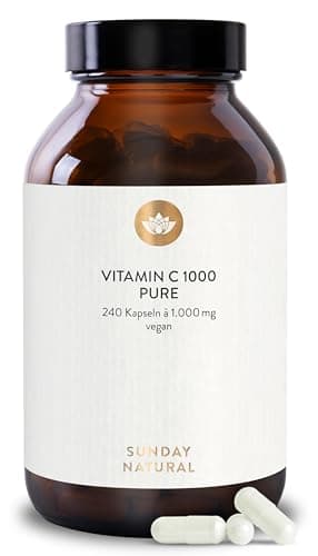 SUNDAY NATURAL® Pure Vitamin C Hochdosiert – Reines Vitamin C 1000mg pro Kapsel – Hochwertige Ascorbinsäure mit ≥ 99 % Reinheit - 240 vegane Kapseln – Laborgeprüft, ohne unnötige Zusätze