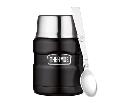 Thermos STAINLESS KING Thermobehälter für Essen schwarz matt 0,47l - Edelstahl, absolut dicht, hält Speisen 9h heiß & 14h kalt, mit klappbarem Löffel, BPA-frei