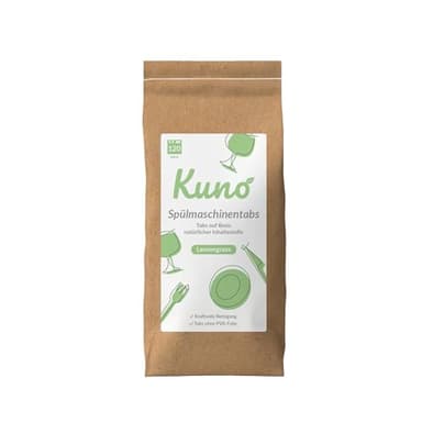 Kuno Spülmaschinentabs - 120 Tabs - Biologisch abbaubar und ohne Plastik - Effektive Reinigung - Frischer Lemongrass Duft (1er Pack, 120, stück)