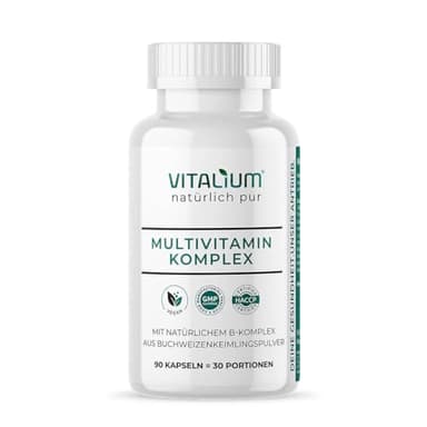 veganer Multivitamin Komplex Vitamin A+B1+B2+B3+B5+B6+B9+B12+C+D3+K2+E + Folsäure + Zink + Chrom + Molybän + Selen + Jod + Magnesium + Calcium + Biotin + Lutein mit 90 Kapseln (Monats-Vorrat)