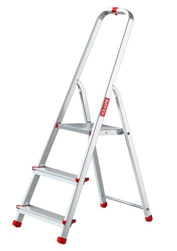 Baulich - Aluminium Leiter - 3-stufige einseitige Haushaltsleiter, Haken und Füße 4 Stück inklusive - Ergonomisches Design, leicht zu transportieren - 121x40x12cm - Belastbarkeit bis 125 kg