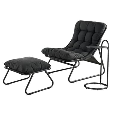 Grand patio Loungesessel Outdoor Gartenliege, Relaxsessel Sonnenliege Wetterfest, Liegestuhl mit Beistelltisch und Gartenhocker, Weiche Auflage, für Garten,Terrasse, Belastbarkeit 150 kg, Dunkelgrau