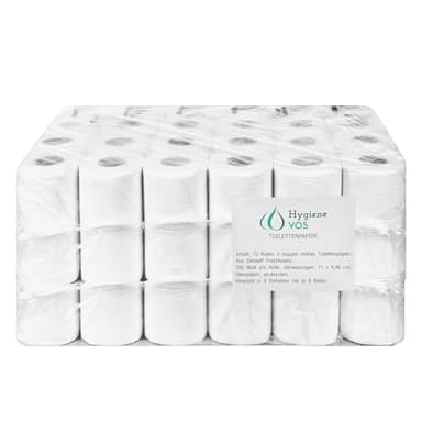 Hygiene VOS Toilettenpapier 3-lagig – 72 Rollen – Zellstoff aus Frischfasern – 250 Blatt pro Rolle – Weiß – Weich & reißfest – Großpackung für Haushalt & Gewerbe