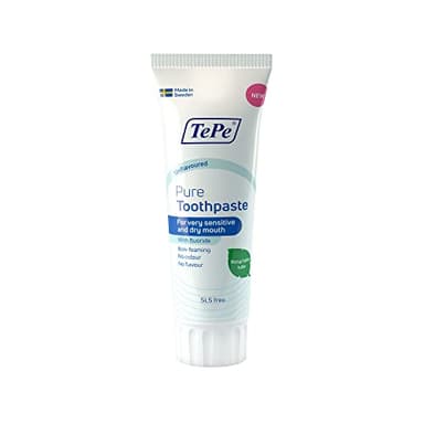 TePe Pure Zahnpasta, parfümfrei, sehr sanft für den täglichen Gebrauch, entwickelt für sehr empfindliches Zahnfleisch und trockenen Mund, altersgerechter Fluorgehalt.