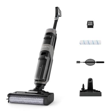 Rowenta X-Clean 4 kabelloser Nass-und Trockenstaubsauger, Selbstreinigungsfunktion, 50min Laufzeit, automatische Schmutzerkennung, Nasssauger mit smartem LED Display, für alle Hartböden, grau GZ5036WO