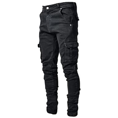 Generisch Cargo Jeanshose Herren Stretch, Cargohose Herren Jeans, Denimhose Vielen Taschen Stretchjeans Slim Fit Bikerjeans Einfarbig Freizeithose Washed Arbeitshosen College Lässig Stoffhose