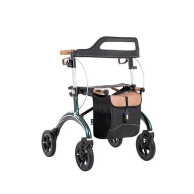 Saljol Carbon Rollator in Vollausstattung, 5,6 kg Leichtgewichtrollator mit Sitz, Rückengurt, Tasche, Stockhalter, Klingel und LED-Licht | faltbare Outdoor-Gehhilfe, Sitzhöhe 54 cm, Grün