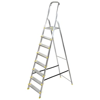 Bayersystem BS-DA8 150 Trittleiter mit 8 Stufen, Aluleiter, bis 150 kg belastbar, max. Arbeitshöhe 3,64 m, Klapptrittleiter mit Handlauf, Anti-Rutsch-Füße, Klapptritt für Haushalt, Silber/Gelb