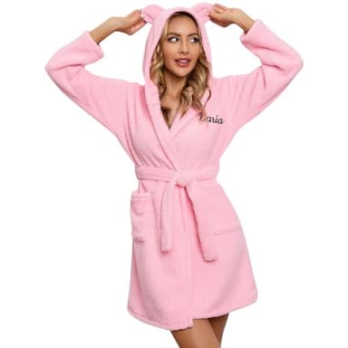 Bademantel Damen Personalisierte Fleece Lang Bademantel mit Name Flauschig Morgenmantel Schalkragen Saunamantel Damen Bath Robe S-XXL (DE/NL/SE/PL, Alphanumerisch, M, Regular, Regular, Pink)