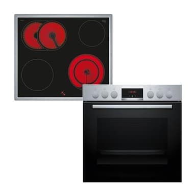 Bosch HND411LS63, Einbau-Herd-Set, Einbau-Herd 60 cm, HEA513BS3, Serie 4, 3D Heißluft, Heißluft sanft, Edelstahl & Elektro-Kochfeld 60 cm, NKN645GA2E, Serie 4, Herdgesteuert, 21cm Kochzone, Mit Rahmen