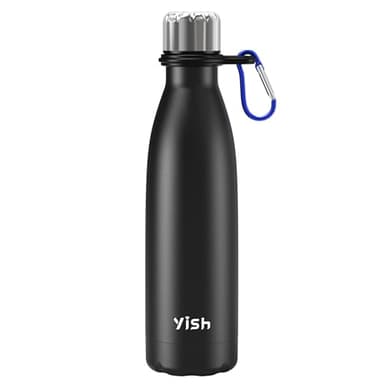 YISH Edelstahl Trinkflasche Thermosflasche Edelstahl:Wasserflasche 500ml Trinkflasche Kohlensäure Geeignet mit Schnalle 10h Heiß/Kalt BPA Frei für Büro,Schule,Sport,Camping,Schwarz