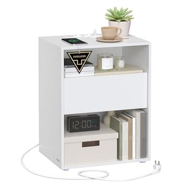 VASAGLE Nachttisch, Toolless-Technologie, superschnelle werkzeuglose Montage, Beistelltisch mit Ladefunktion, Nachtschrank mit Schublade, Schlafzimmer, mattweiß LET777W04