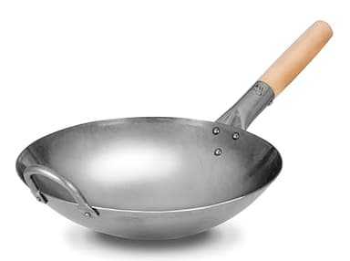 Craft Wok Traditioneller handgehämmerter Karbonstahl Pow Wok mit Holz- und Stahl-Helfergriff (30,5 cm, runder Boden) / 731W88-12in