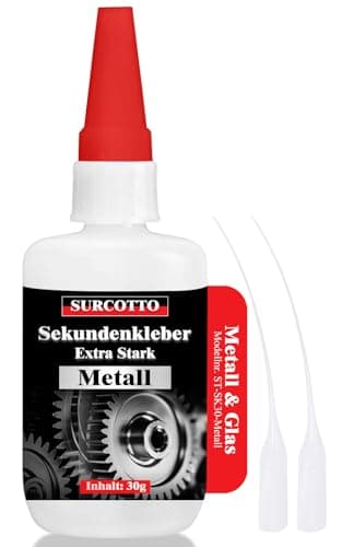Sekundenkleber Metall extra stark 30g, Surcotto Metallkleber extra stark wasserfest, hitzebeständig, flüssig, transparent, Metall Kleber zum Verkleben von Metallen aller Art