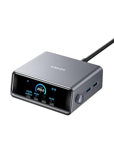 Anker Prime 250W USB C Ladegerät, Ultra-schnelle 6-Port GaN Ladestation, 2,26" LCD-Display und Smart Control Regler, kompatibel mit MacBook Pro/Air, iPhone 17/16/15, Pixel, Galaxy, Apple Watch & mehr