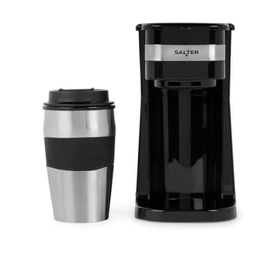 SALTER Ein-Tassen-Kaffeemaschine – Filterkaffeemaschine mit waschbarem & wiederverwendbarem Filter, inkl. 420ml Edelstahl-Reisebecher. Brüht Kaffee in 3-4 Min., geeignet für gemahlenen Kaffee/Pads